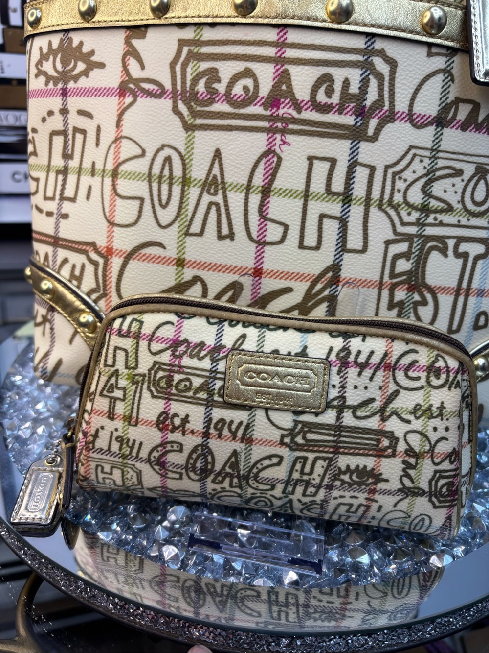 Coach 2009 Heritage Tattersall Graffiti Gold Tote W/ matching cosmetic pouch EUC - Picture 3 of 16
